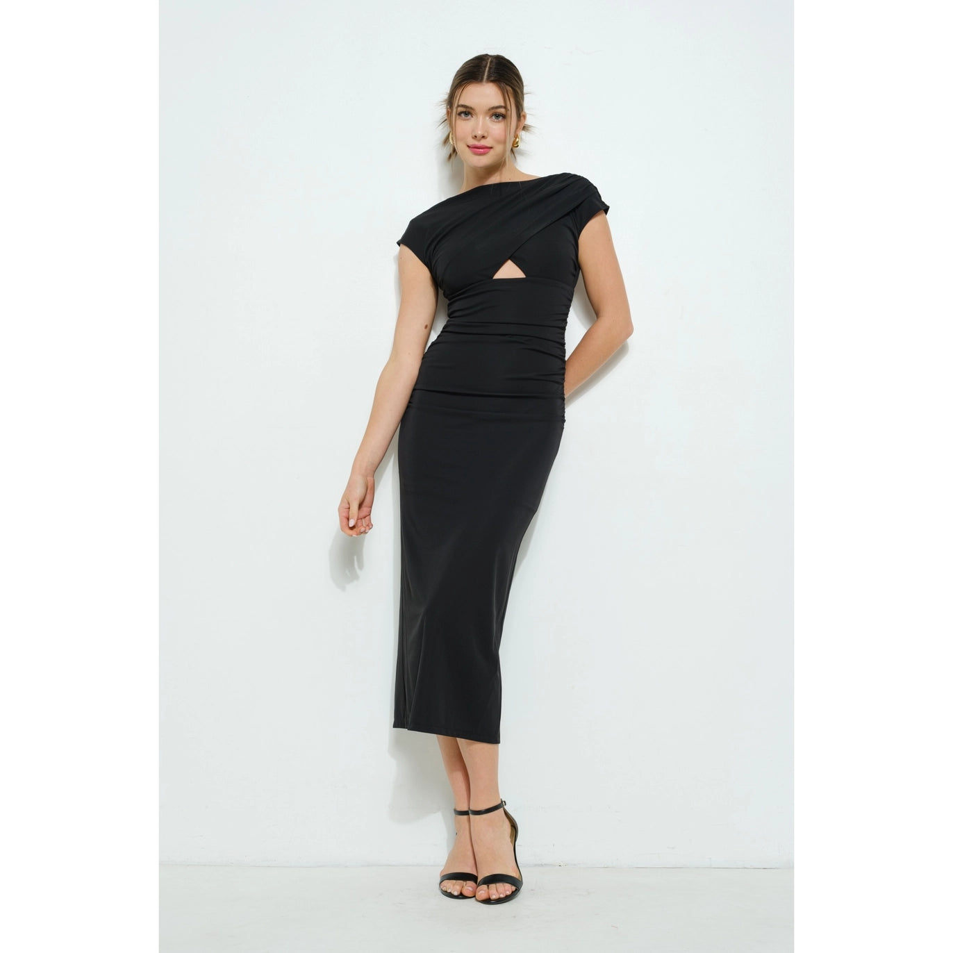 Asymmetrical Cutout Midi Dress with Ruched Design Asymmetrical Cutout Midi Dress with Ruched Design